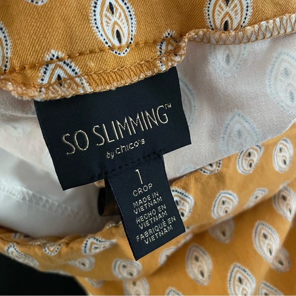 Chicos So Slimming Crop Pant Pull On Mustard Yellow Patterned Size 1 Or Medium - Picture 7 of 7